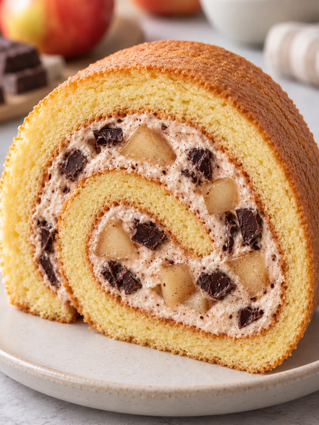 Sponge roll with cinnamon and apple — dark chocolate