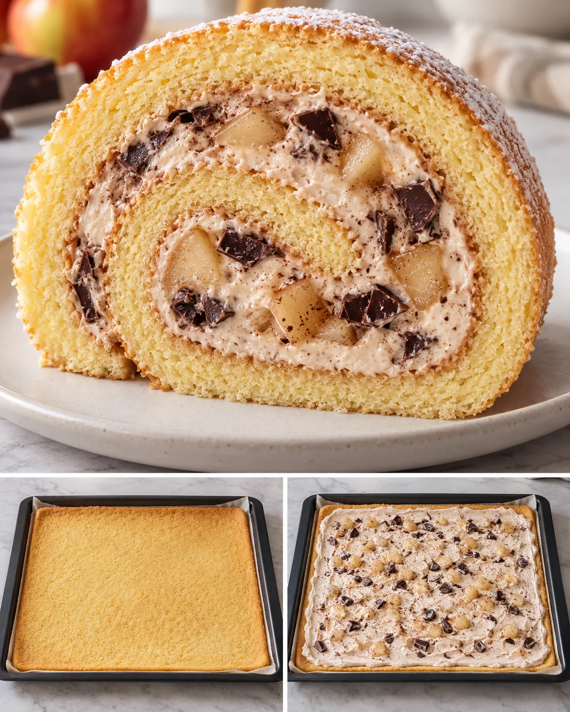Sponge roll with cinnamon and apple — dark chocolate
