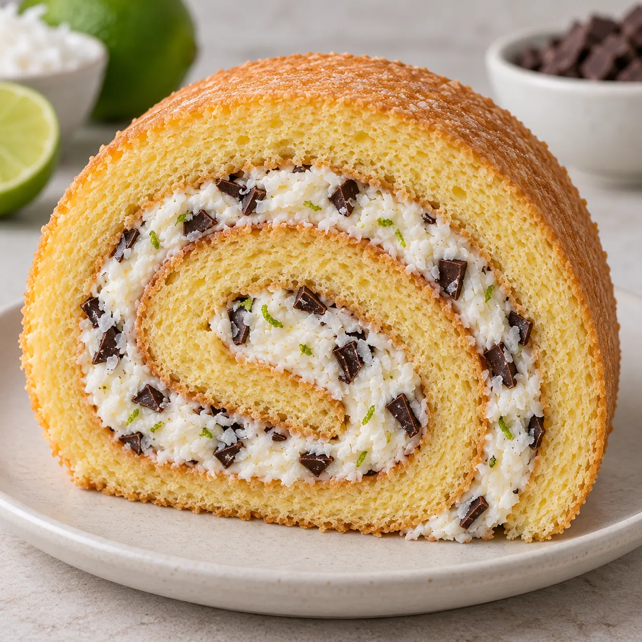 Sponge roll with coconut and lime — dark chocolate