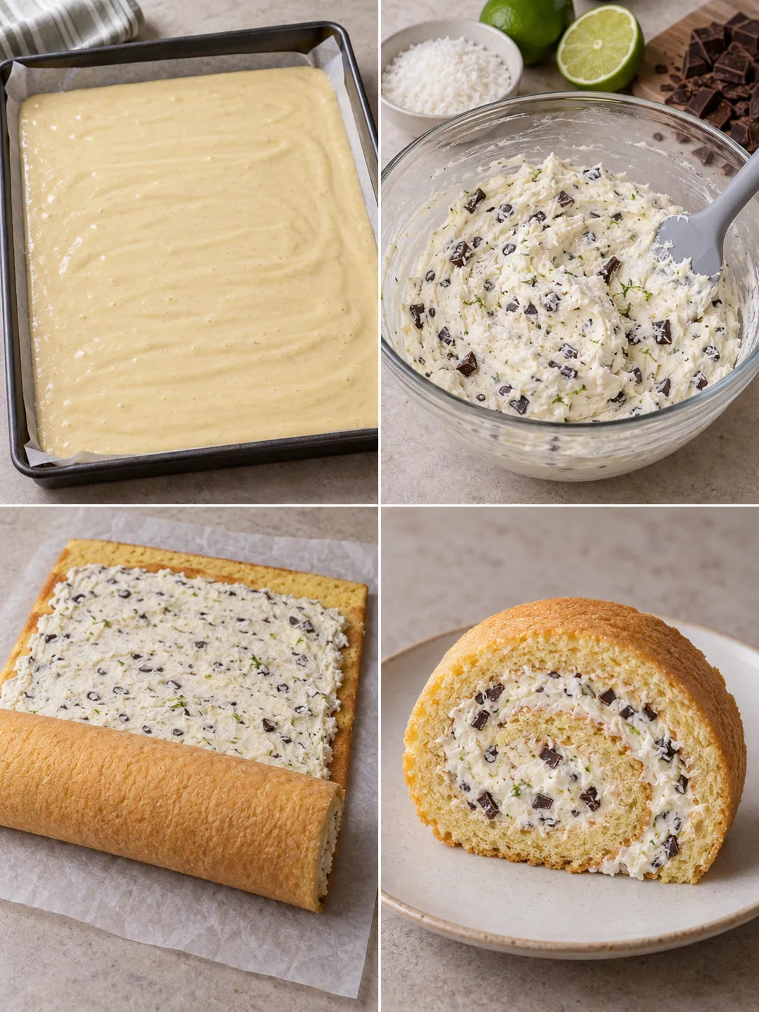 Sponge roll with coconut and lime — dark chocolate