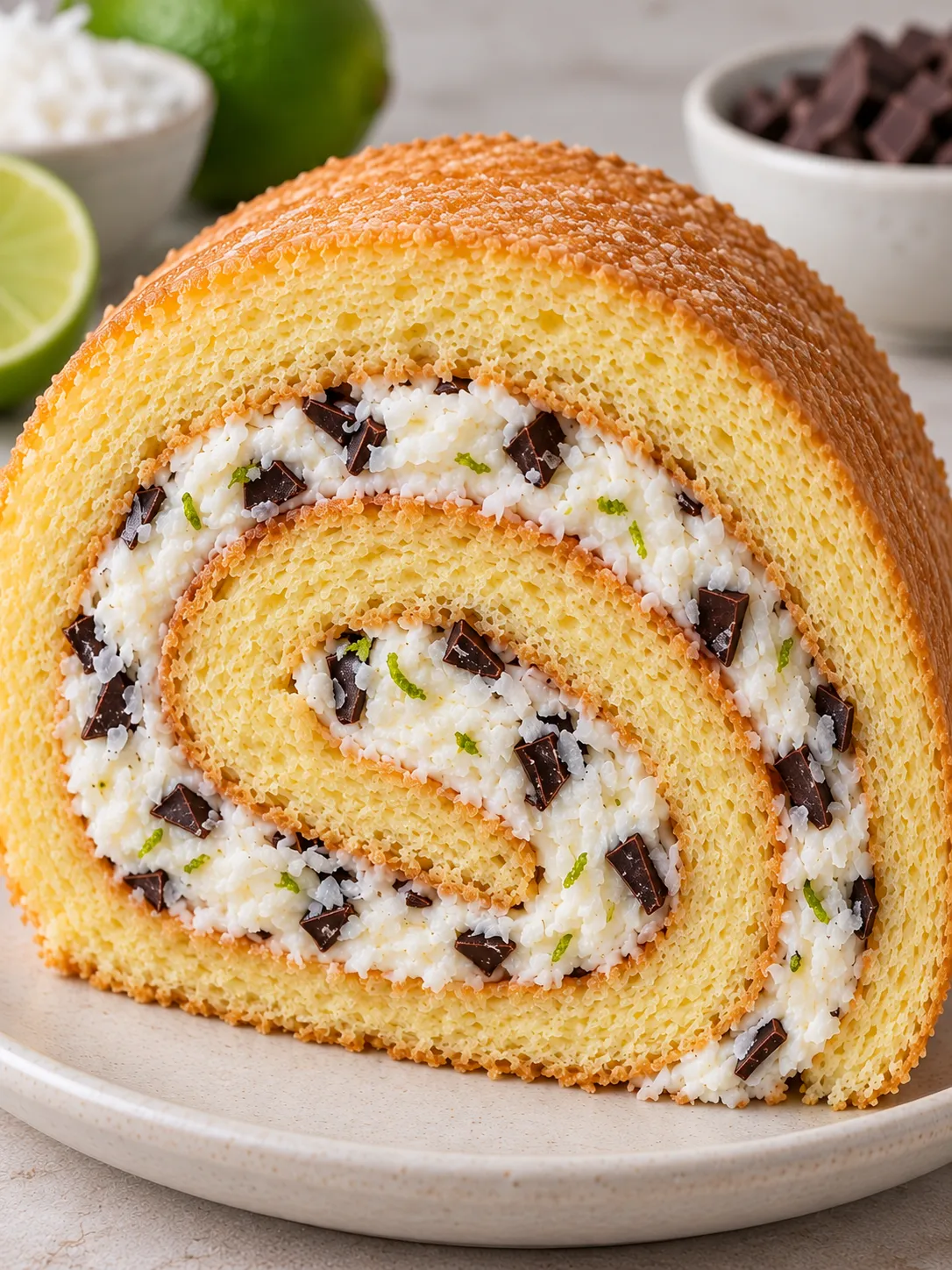 Sponge roll with coconut and lime — dark chocolate