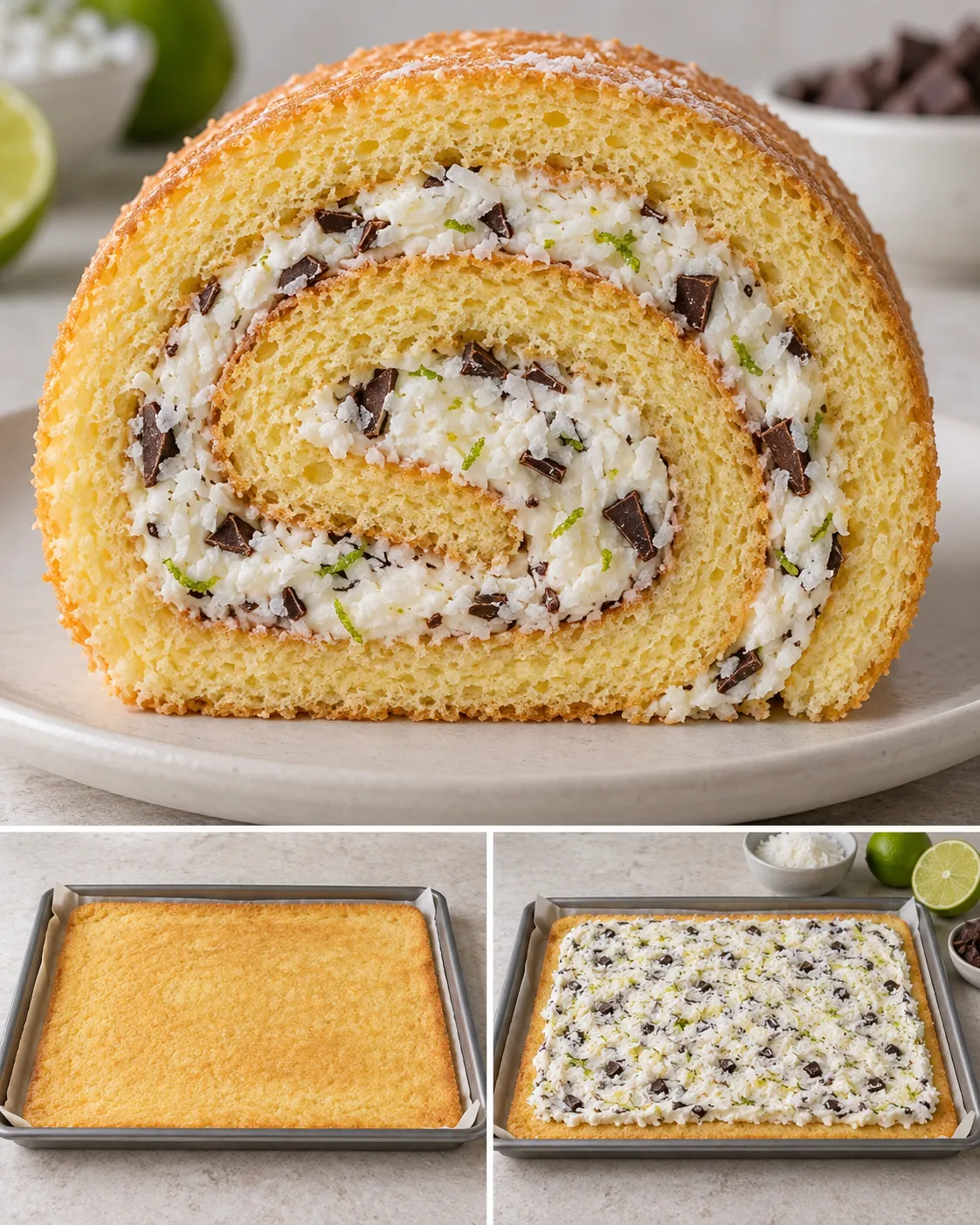 Sponge roll with coconut and lime — dark chocolate