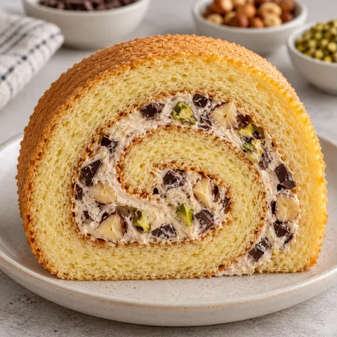 Sponge roll with chocolate and hazelnuts — pistachios