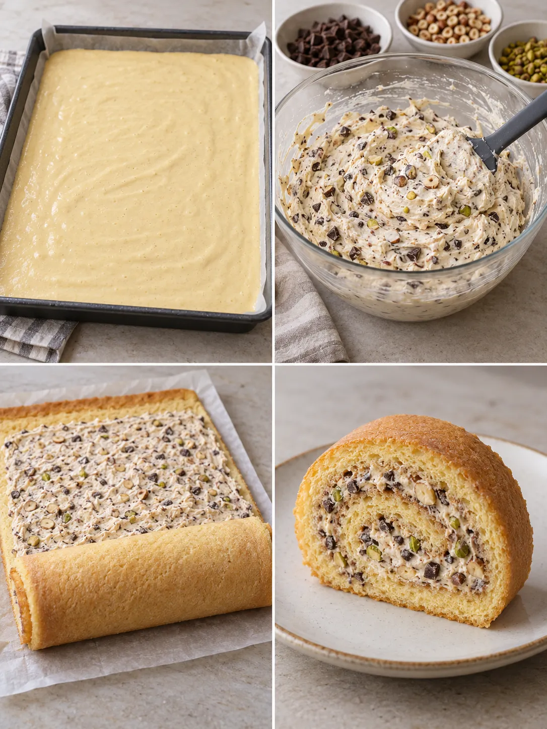 Sponge roll with chocolate and hazelnuts — pistachios