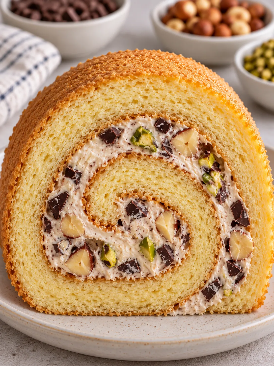 Sponge roll with chocolate and hazelnuts — pistachios
