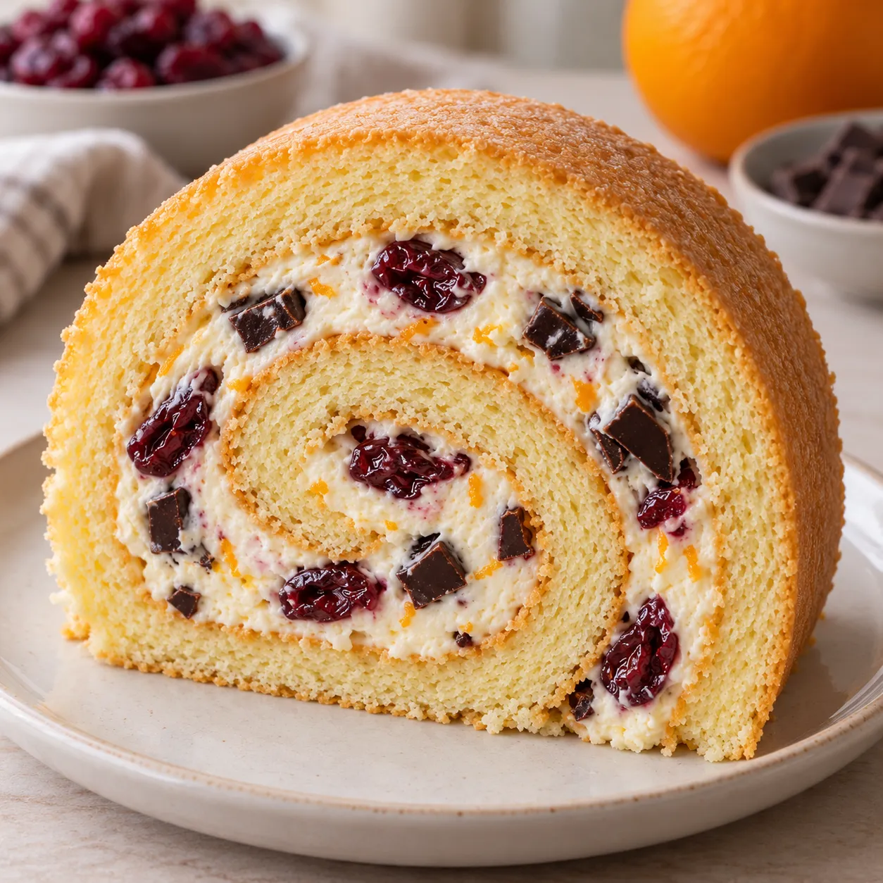 Sponge roll with cranberries and orange — dark chocolate