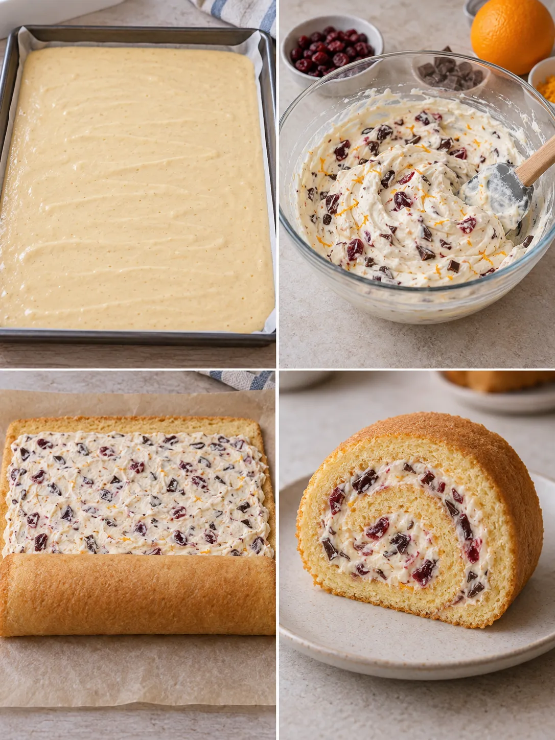 Sponge roll with cranberries and orange — dark chocolate