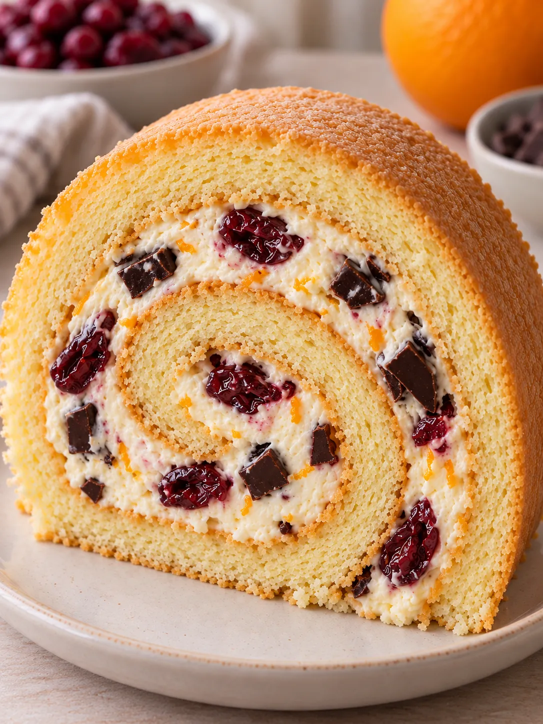Sponge roll with cranberries and orange — dark chocolate