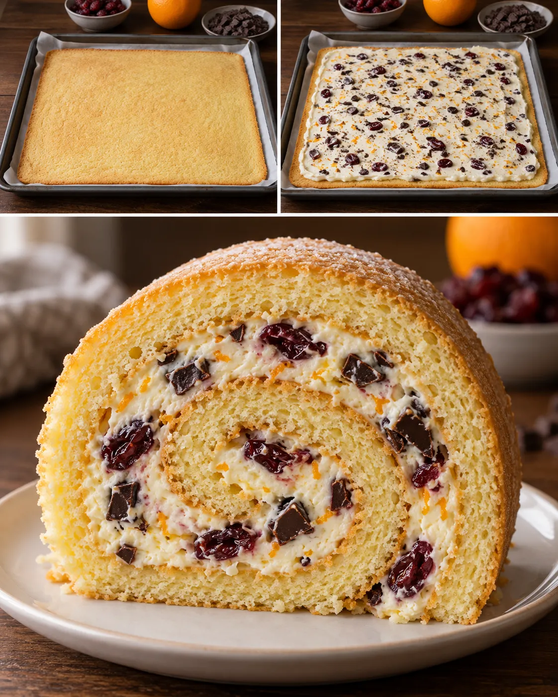 Sponge roll with cranberries and orange — dark chocolate