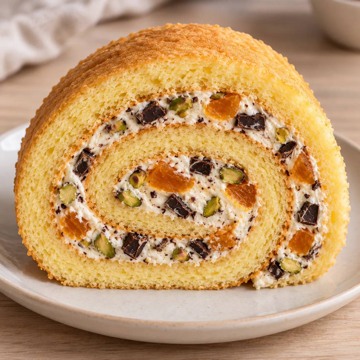 Sponge roll with apricots and pistachios — dark chocolate