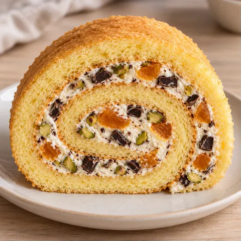 Sponge roll with apricots and pistachios — dark chocolate