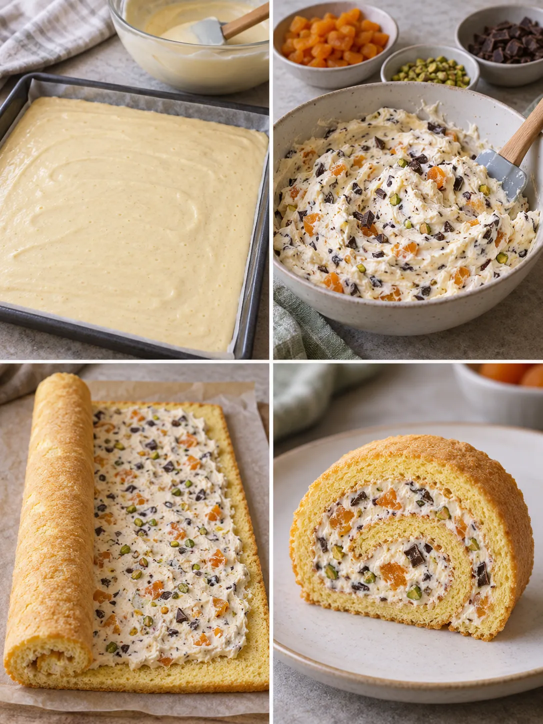 Sponge roll with apricots and pistachios — dark chocolate