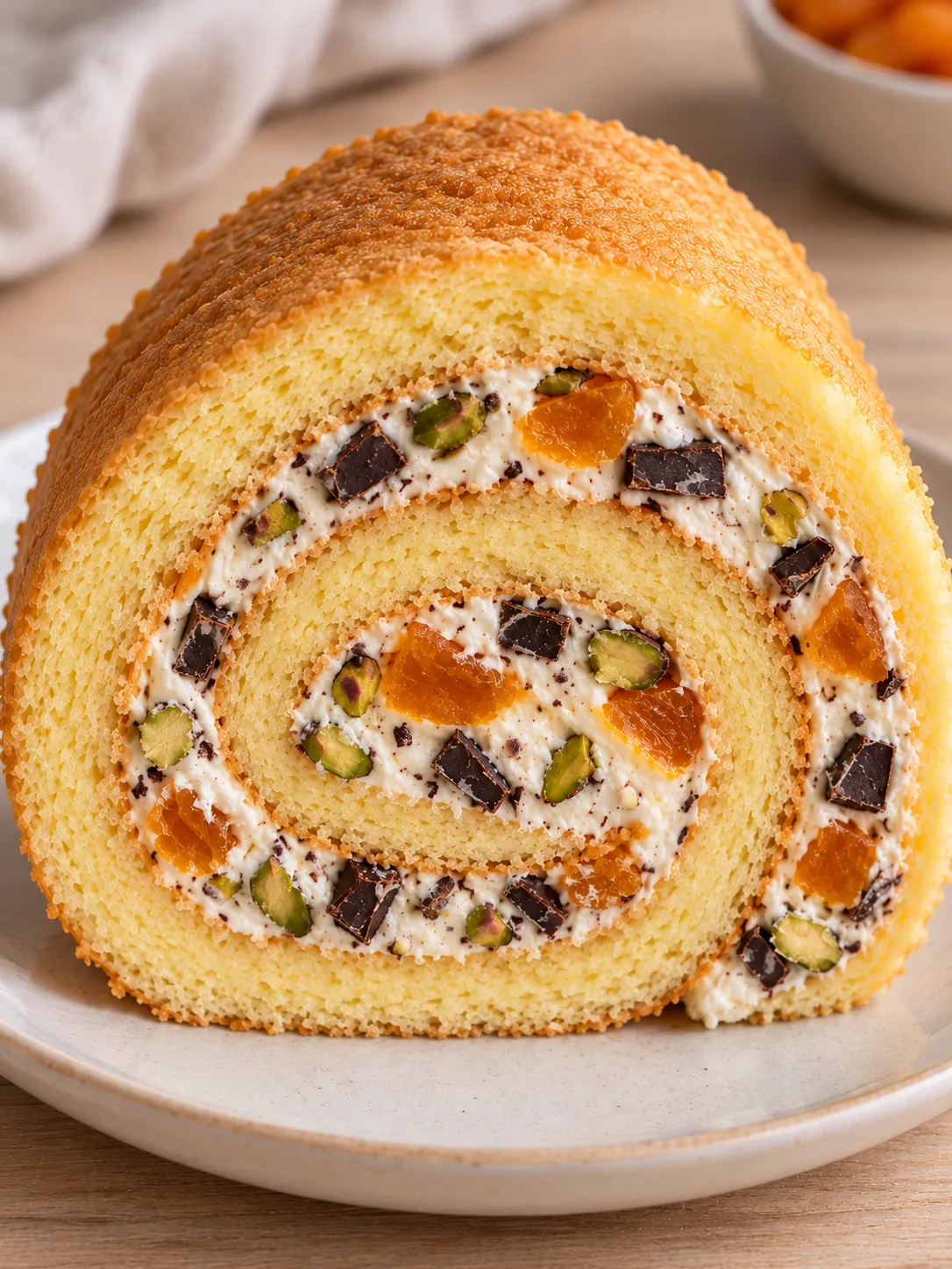 Sponge roll with apricots and pistachios — dark chocolate