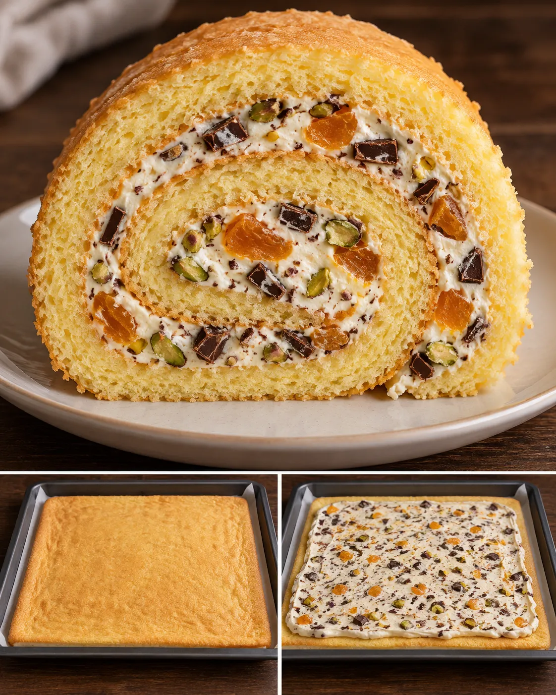 Sponge roll with apricots and pistachios — dark chocolate