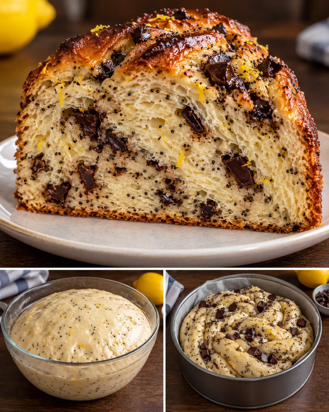 Sweet yeast cake with lemon and poppy seeds — dark chocolate