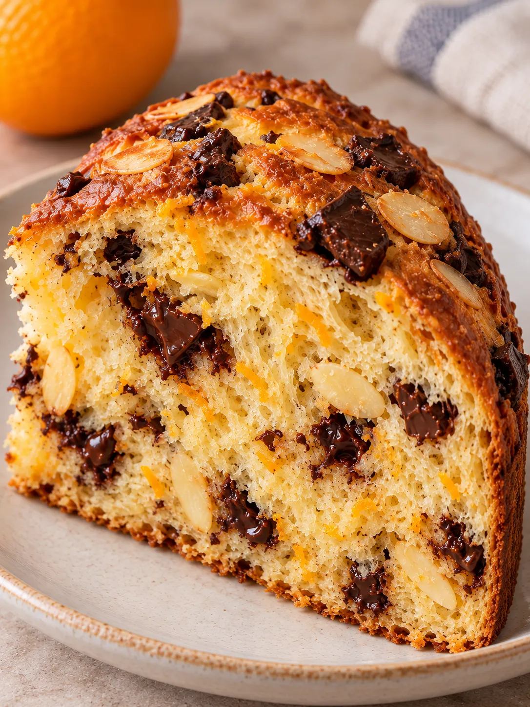 Sweet yeast cake with orange and almonds — dark chocolate