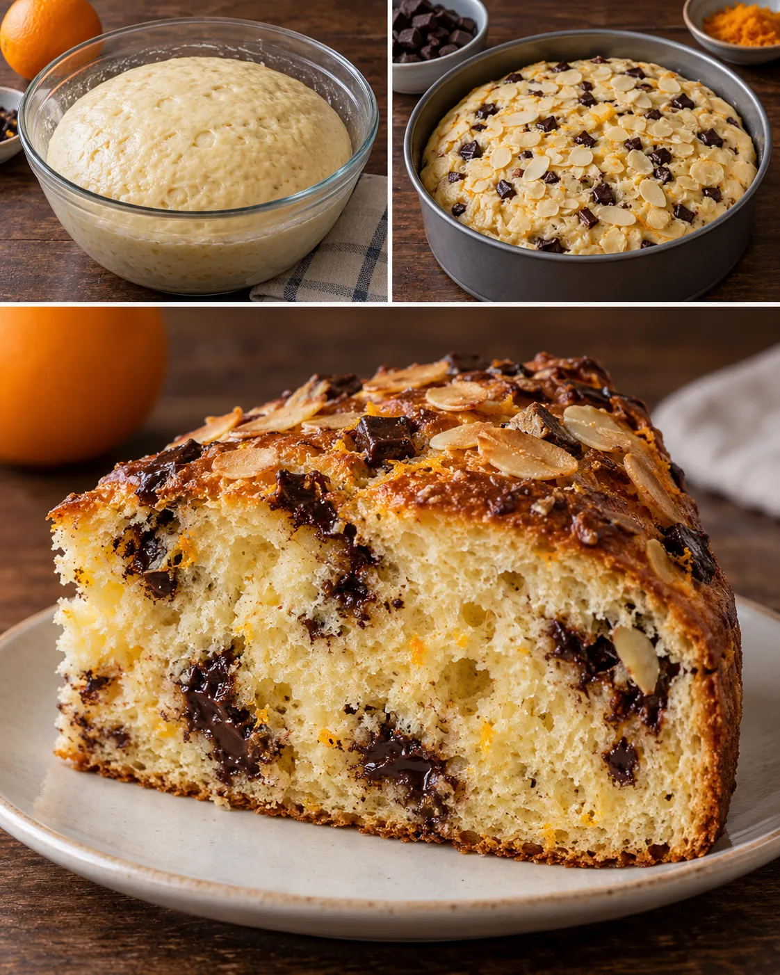 Sweet yeast cake with orange and almonds — dark chocolate