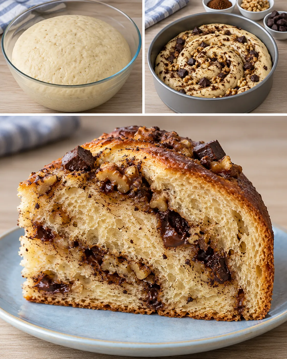 Sweet yeast cake with coffee and walnuts — dark chocolate