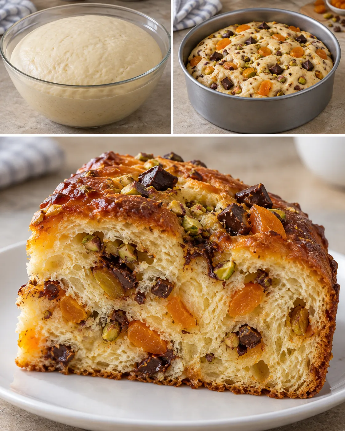 Sweet yeast cake with apricots and pistachios — dark chocolate