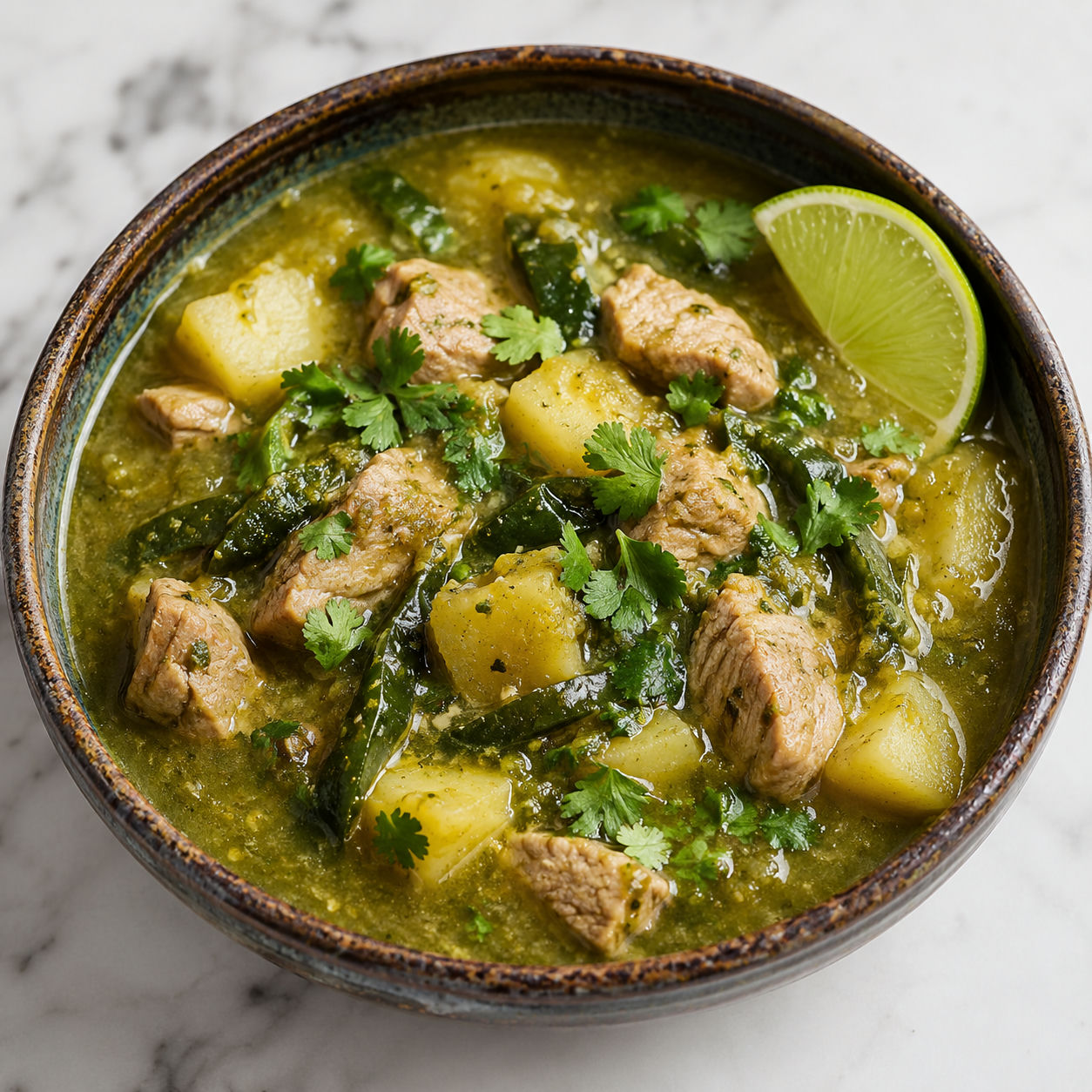 Caldillo de chile verde with pork, potatoes, and cilantro in a rustic ceramic bowl