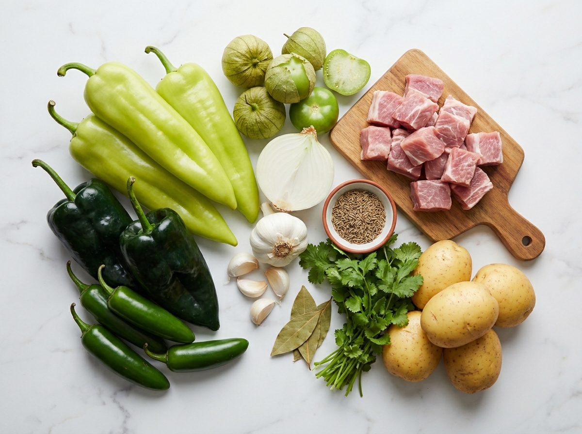 Raw ingredients for caldillo de chile verde including pork shoulder, Anaheim chiles, tomatillos, garlic, and potatoes