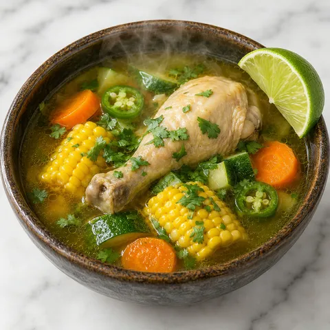 Bowl of caldo de pollo with golden broth, chicken drumstick, carrots, corn, and cilantro
