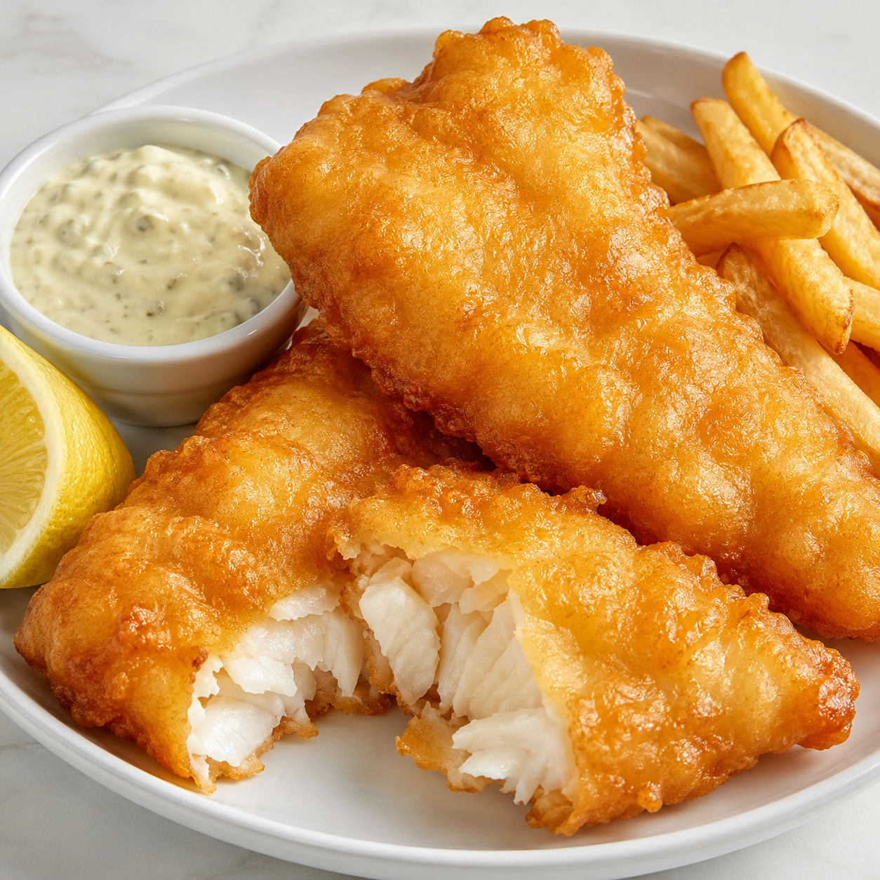 Golden batter dipped fish with fries, lemon, and tartar sauce