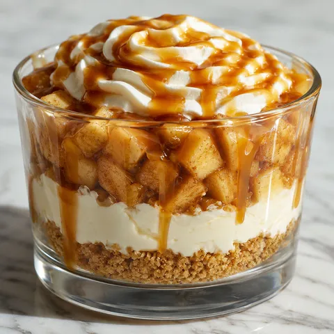 Caramel apple dessert cup with cream cheese, cinnamon apples, and caramel drizzle in a clear glass