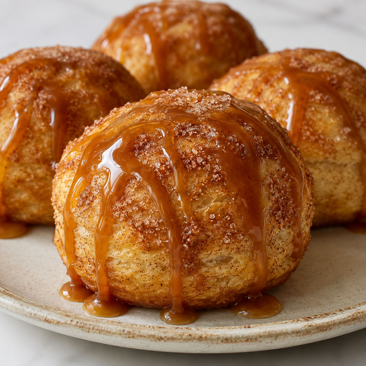 Caramel apple pie bombs with cinnamon sugar coating and caramel drizzle on a ceramic plate