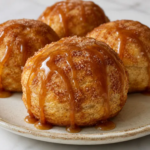 Caramel apple pie bombs with cinnamon sugar coating and caramel drizzle on a ceramic plate