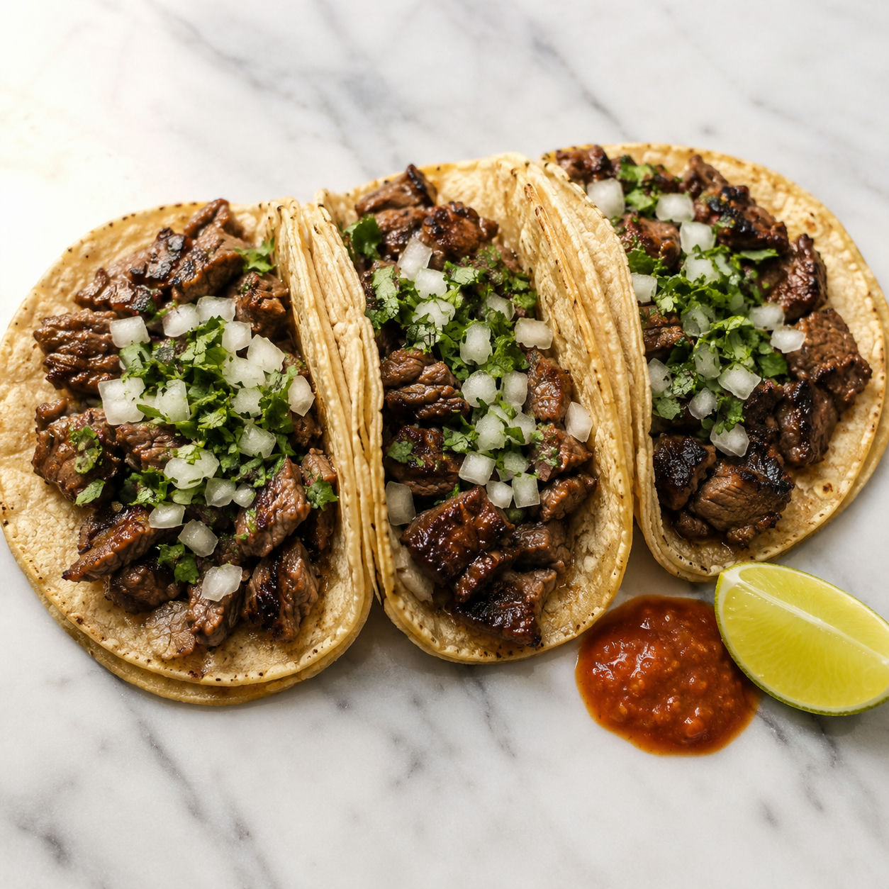 Carne asada street tacos on corn tortillas with white onion, cilantro, and lime on a wooden board