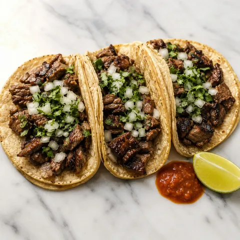 Carne asada street tacos on corn tortillas with white onion, cilantro, and lime on a wooden board