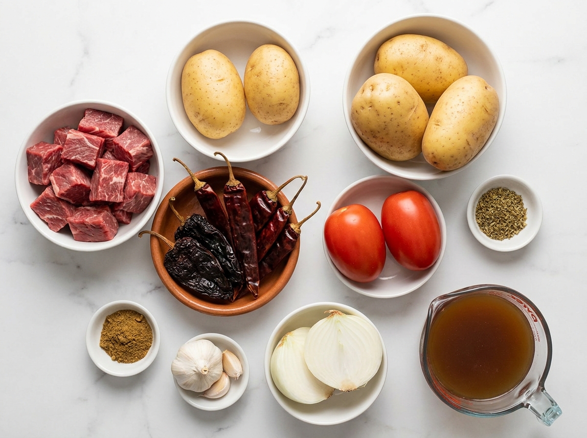 Raw ingredients for Carne con Papas Rojo including beef chuck, dried guajillo chiles, Yukon Gold potatoes, and tomatoes