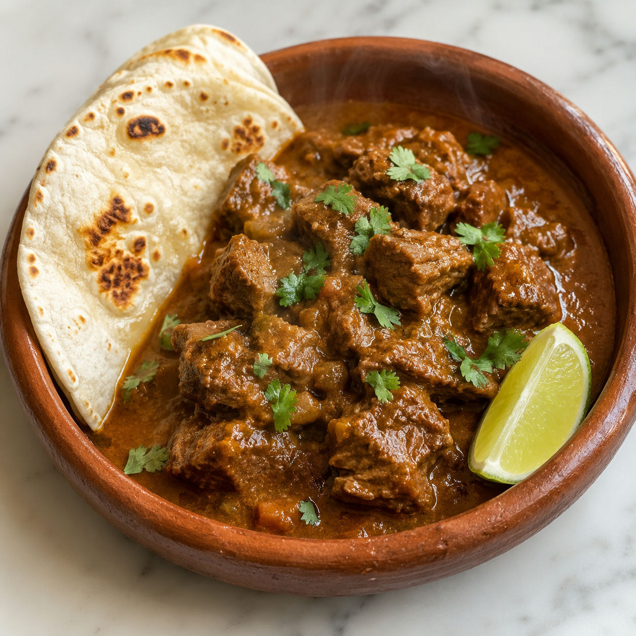 Carne guisada beef stew in a clay bowl with a soft flour tortilla and fresh cilantro