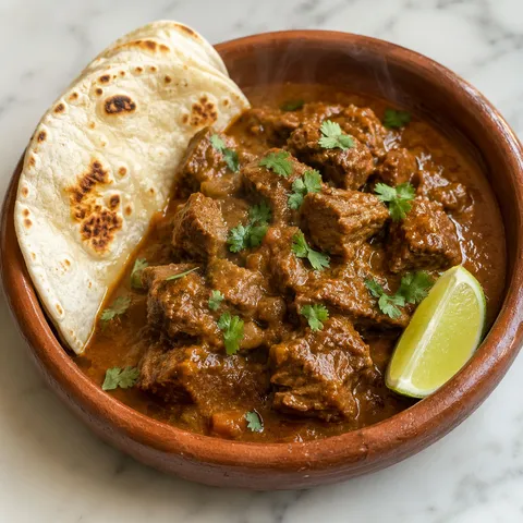 Carne guisada beef stew in a clay bowl with a soft flour tortilla and fresh cilantro