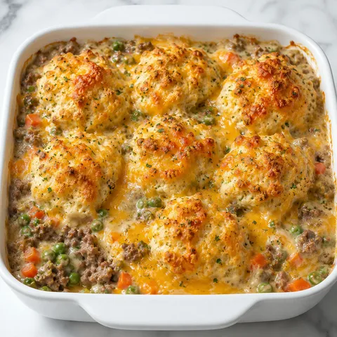 Cheddar Bay Hamburger Casserole with golden garlic cheddar biscuits