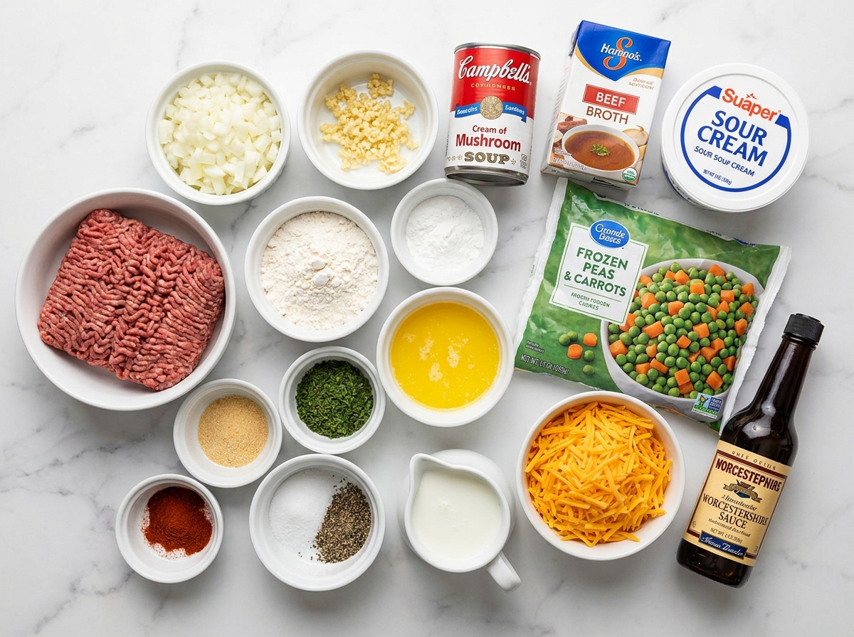Ground beef, cheddar, vegetables, and biscuit ingredients for casserole