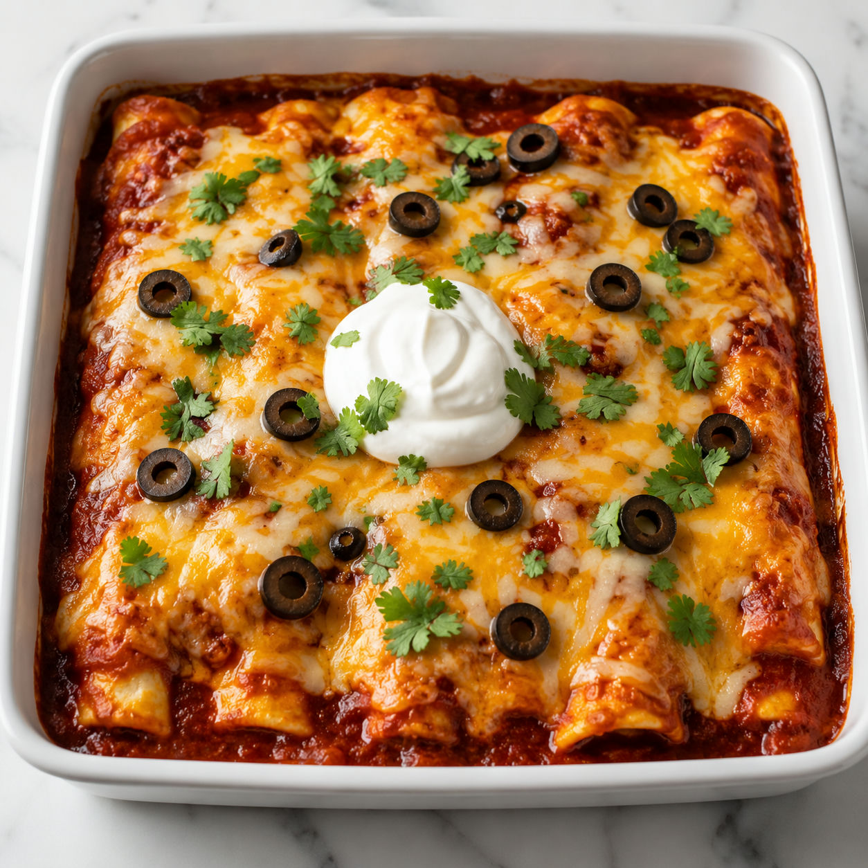 Cheese and onion enchiladas in a white baking dish with bubbling melted cheese, red sauce, sour cream, and cilantro