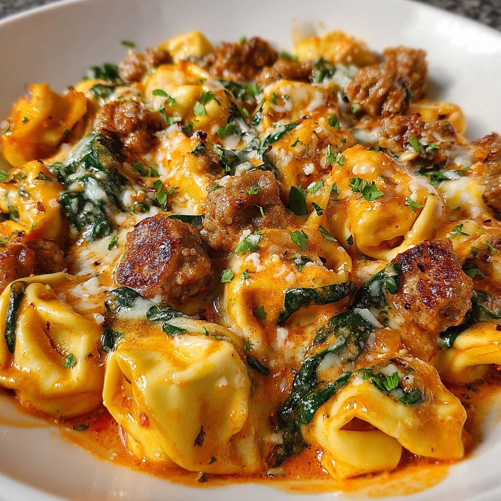 Cheese Tortellini with Sausage and Spinach in Creamy Tomato