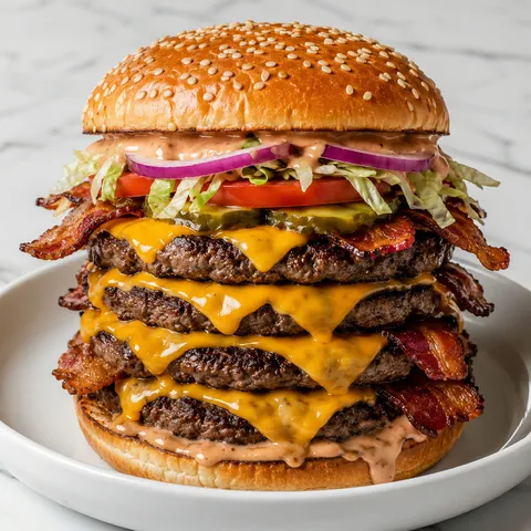 Giant cheeseburger stack with melted cheddar, bacon, pickles, and lettuce