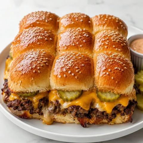 Cheeseburger sliders with sesame rolls, melted cheese, beef, and pickles