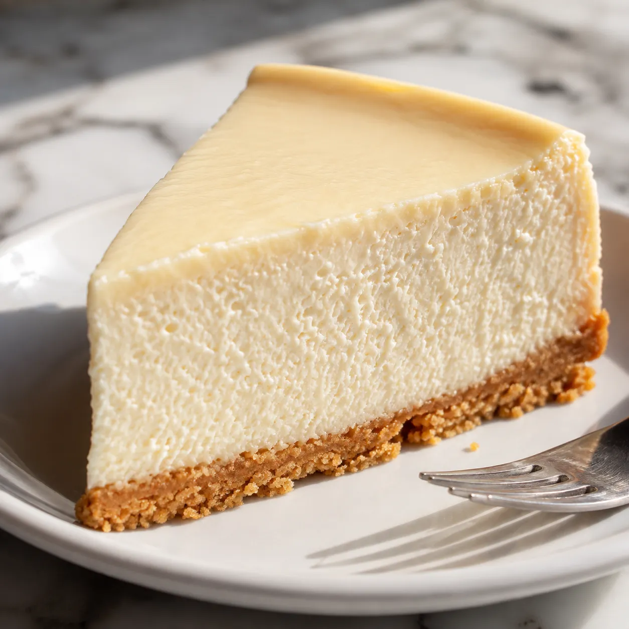 Slice of classic New York cheesecake with golden graham cracker crust on a white plate