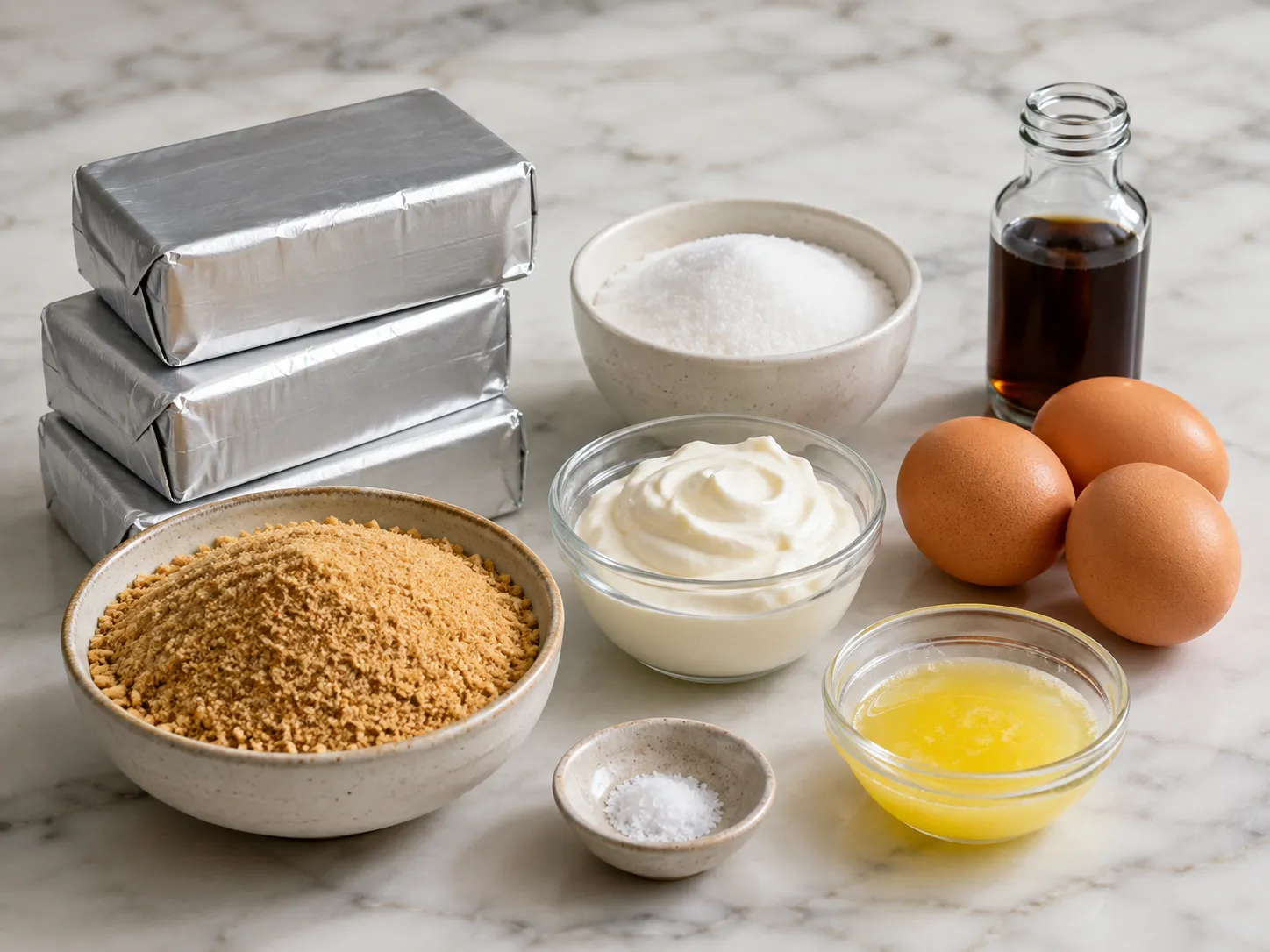 Raw cheesecake ingredients including cream cheese, eggs, sour cream, and graham crackers on marble