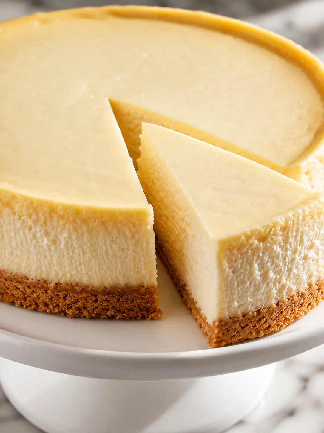 Whole New York cheesecake on a white cake stand with one slice pulled away showing the creamy interior