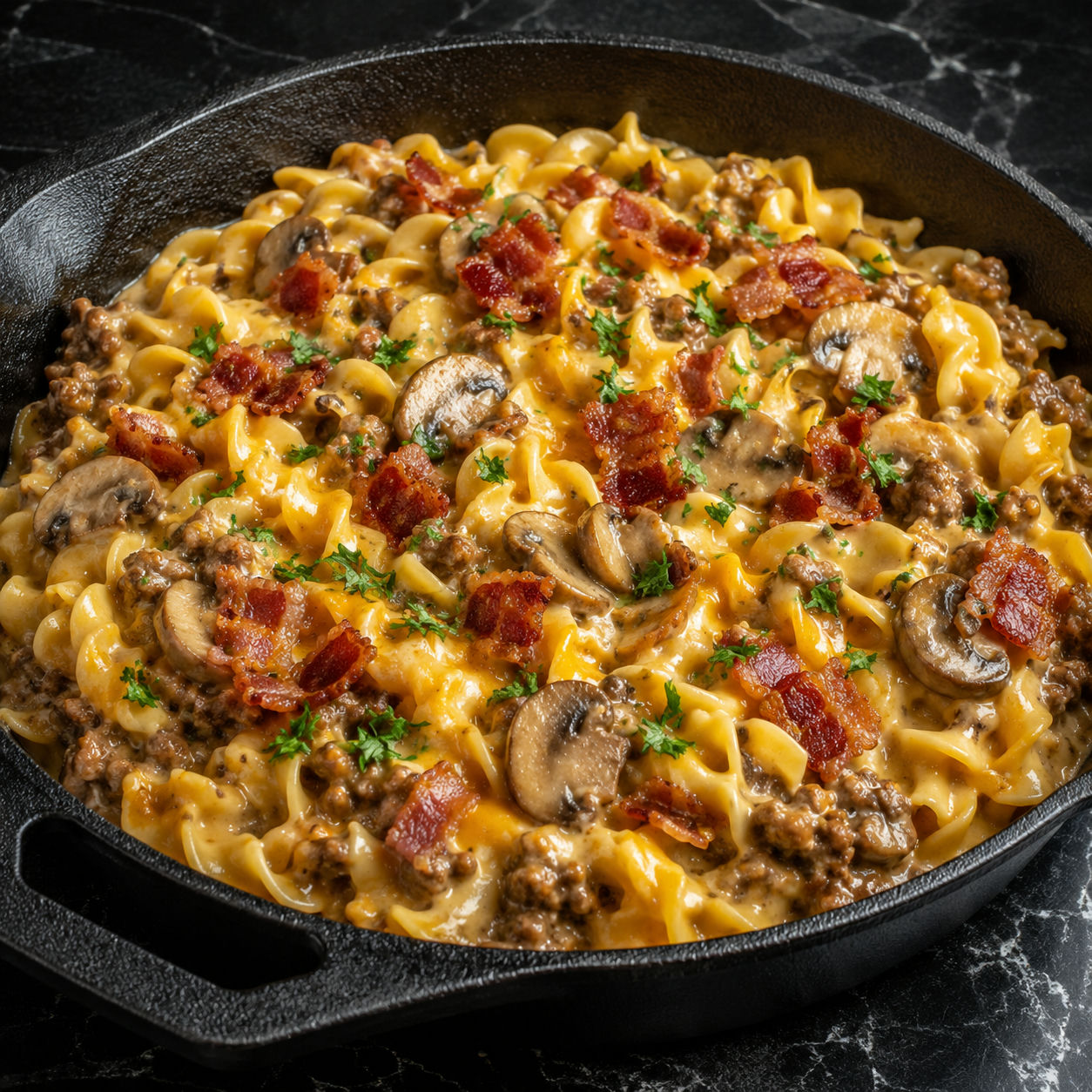 Cheesy beef noodle skillet with bacon, mushrooms, cheddar, and parsley