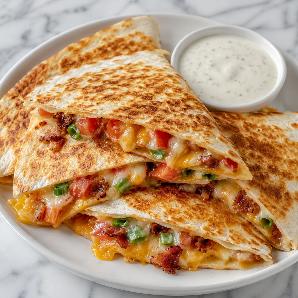 Cheesy bacon quesadilla wedges with ranch dip and green onions