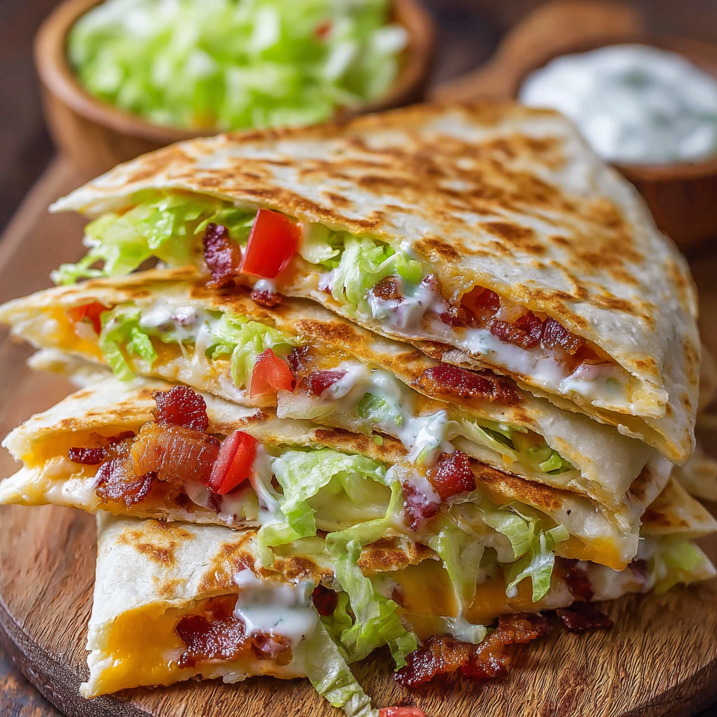 Cheesy Bacon Quesadilla with Creamy Ranch and Crisp Toppings