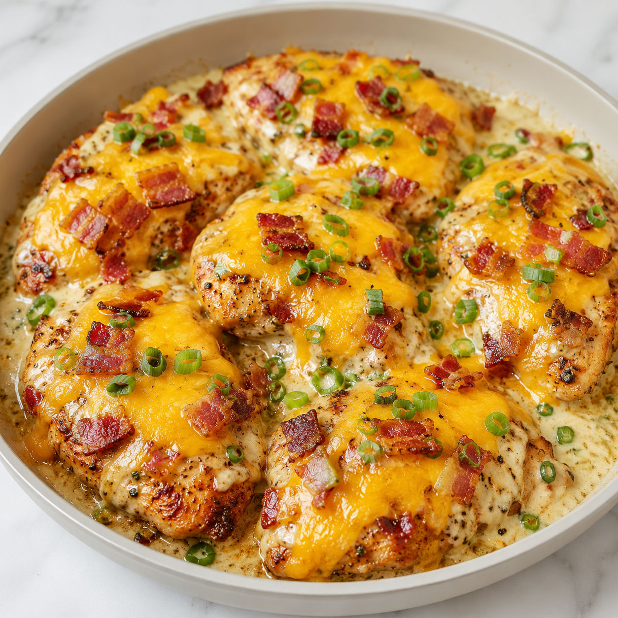 Cheesy bacon smothered chicken with melted cheddar and green onions