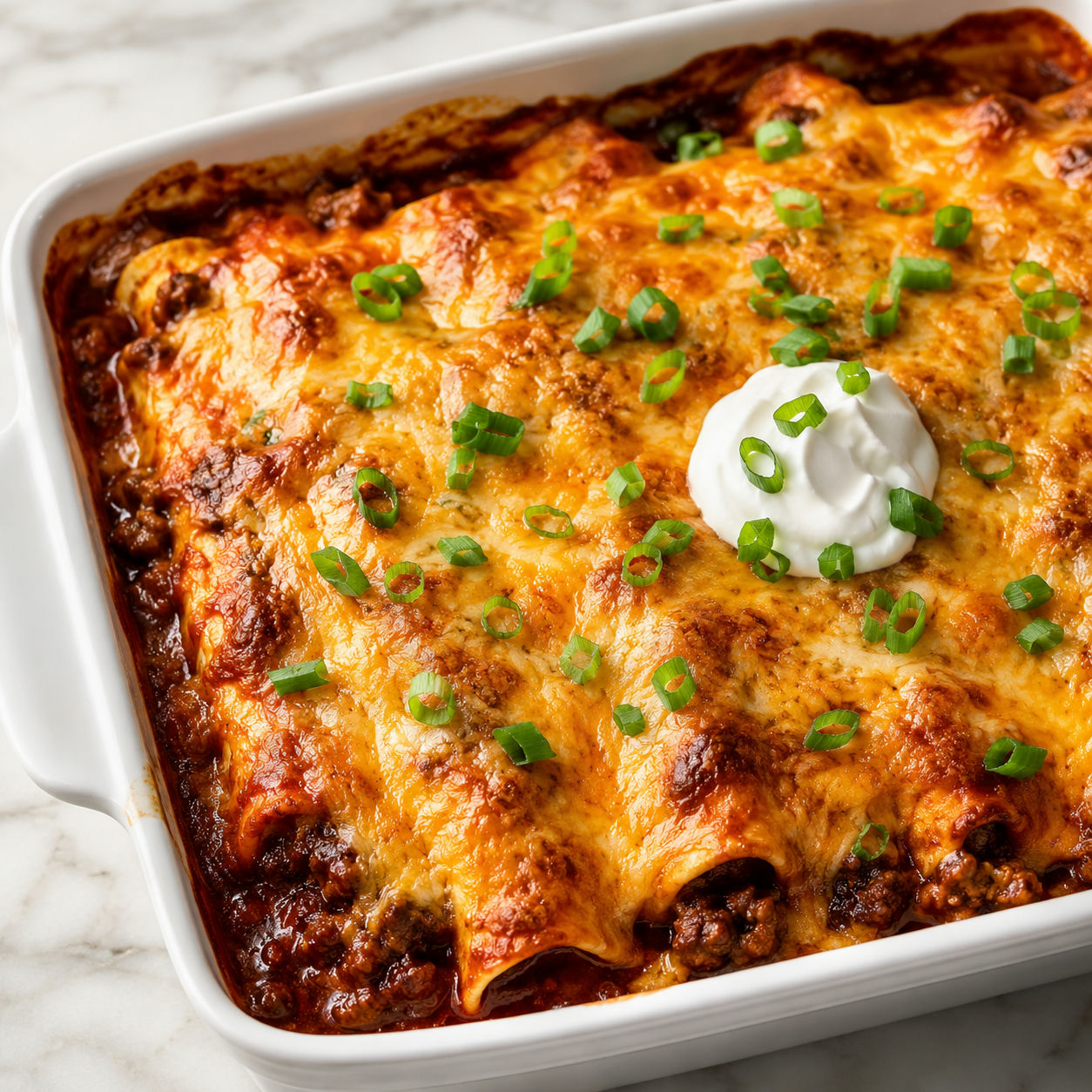 Cheesy baked beef enchiladas with golden bubbling cheese and red enchilada sauce in a white ceramic dish