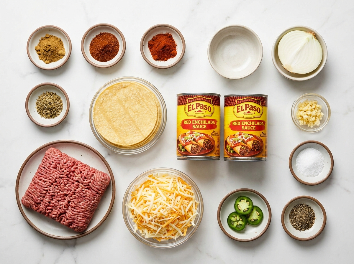 Raw ingredients for cheesy beef enchiladas including ground beef, corn tortillas, shredded cheese, and spices on marble